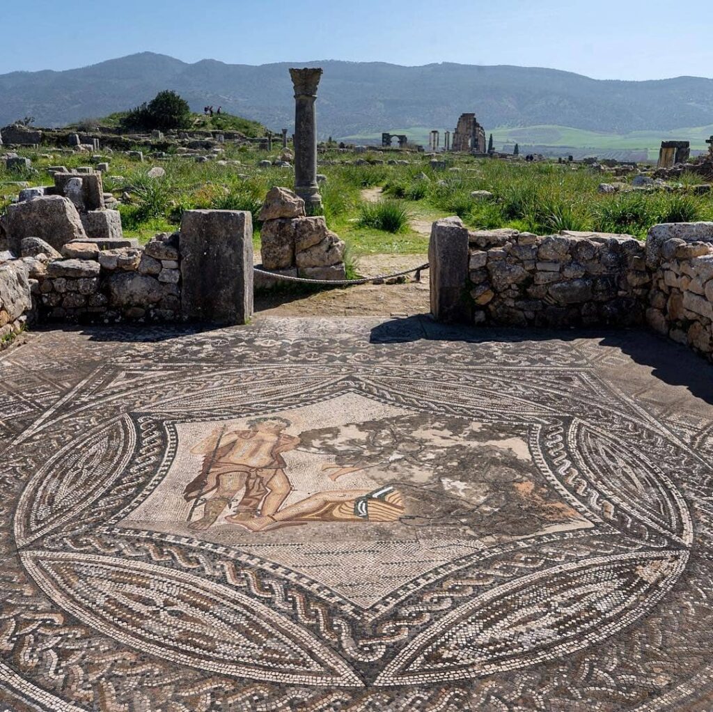Volubilis, View of ancient Roman ruins and intricate mosaics at Volubilis, Morocco.