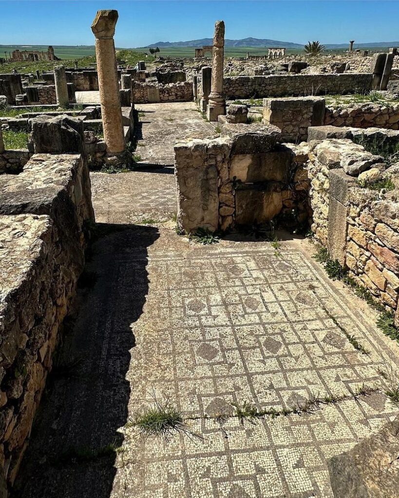 Arch of Caracalla, Volubilis, View of ancient Roman ruins and intricate mosaics at Volubilis, Morocco.