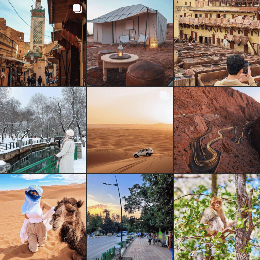 2 day morocco itinerary from Fes, Fes, Ifrane, Midelt, Merzouga A diverse photo grid showcasing Morocco's travel highlights, including a bustling street with a view of the Koutoubia Mosque, a luxurious desert campsite at dusk, the historic Chouara Tannery, a tranquil boat ride, a remote car traversing the vast Sahara, the winding roads of Dades Valley, a traveler in traditional attire with a camel, a lively city street, and a curious Barbary macaque in a tree. This collection invites exploration of Morocco's urban culture, desert adventures, historical landmarks, scenic drives, and natural wildlife.