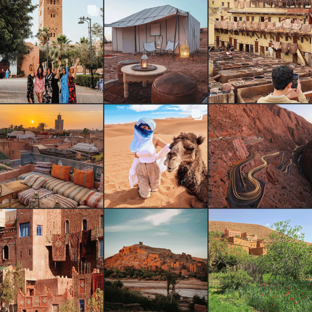 5 day Morocco tour itinerary: Morocco tours from Marrakech A grid collage with nine images showcasing Morocco's diverse travel experiences. From top left to bottom right: A group of women in traditional dress by Koutoubia Mosque; a luxury desert camp at dusk; a man overlooking the famous tanneries of Fez; a rooftop view of Marrakech at sunset; a tourist in a blue turban leading a camel in the Sahara; a winding mountain road through the Dades Gorges; a traditional riad with ornate decor; a hilltop kasbah in the Atlas Mountains; and a lush oasis with palm trees. This visual array highlights the mix of culture, adventure, history, and natural beauty found in Morocco.