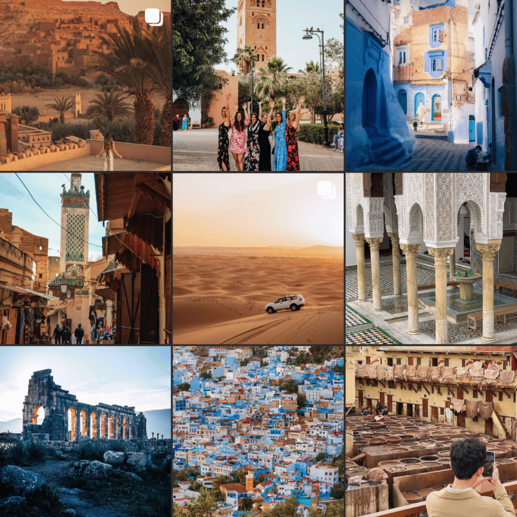 A mosaic of nine images featuring Moroccan landscapes and architecture. Top row: an ancient hillside kasbah at sunset, a group of women in traditional attire posing in front of a mosque, and a narrow alley with blue walls and a colorful doorway. Middle row: a bustling street market with a prominent minaret, a car traversing the vast dunes of the Sahara Desert at dusk, and an intricately decorated courtyard with arches and tiled walls. Bottom row: Roman ruins bathed in golden hour light, a hillside view of the blue city of Chefchaouen, and a lone observer overlooking the historical Chouara Tannery with its array of dye pits. 5 Days Tour : Tangier to Marrakech
