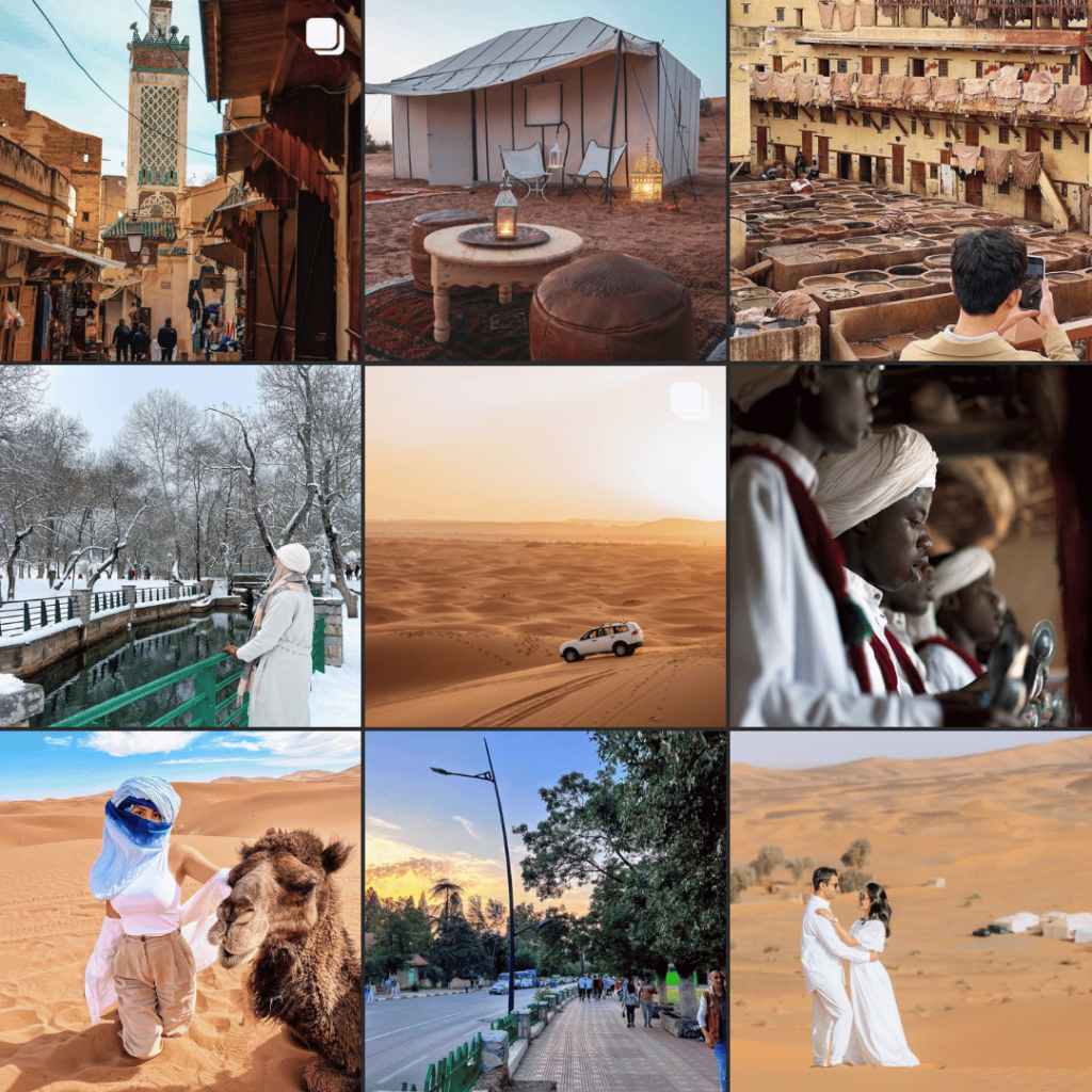 morocco 3 day desert tour, 3 day desert trip A collage featuring diverse aspects of Moroccan travel: bustling street life with the iconic Koutoubia Mosque, a serene desert camp at dusk, the historic Chouara Tannery, snowy scenes suggesting winter travel, a lone figure observing the vast Sahara dunes, a moment of cultural connection with Berber musicians, an adventurer with a camel, a peaceful city street at sunset, and a couple in traditional dress in the desert, all underlining Morocco as a destination of cultural depth, scenic beauty, and adventure.